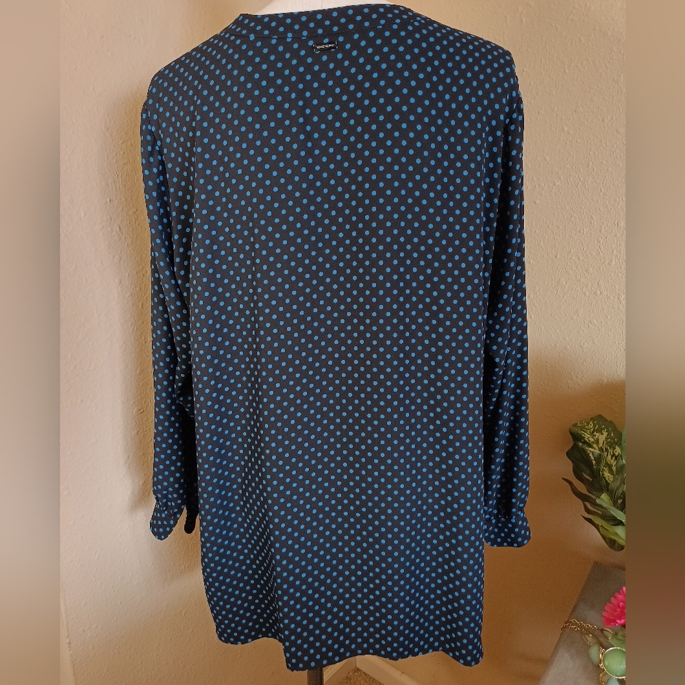 Anne Klein Black with Blue Polka Dots Long Sleeve Blouse XL XXL - Picture 9 of 11